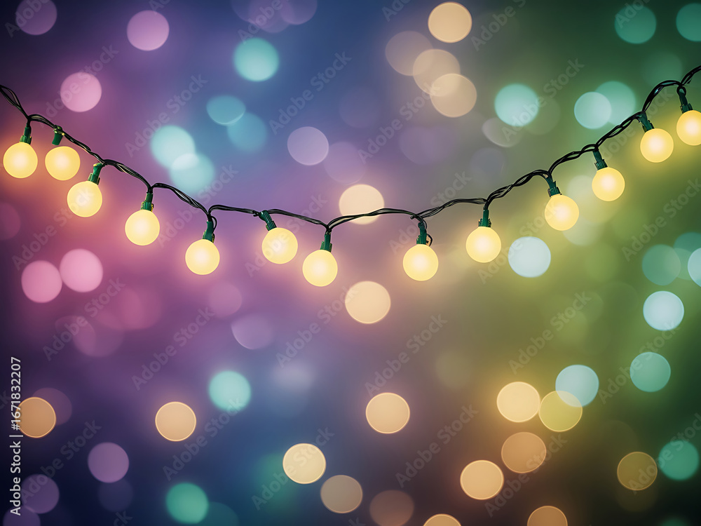 Poster softly glowing string lights create a magical bokeh effect with a vibrant rainbow gradient backgroun