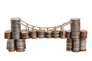 symbolic representation of financial growth and stability, with bridge made of coins isolated on white background