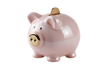 pink piggy bank with gold coin inside isolated on white background