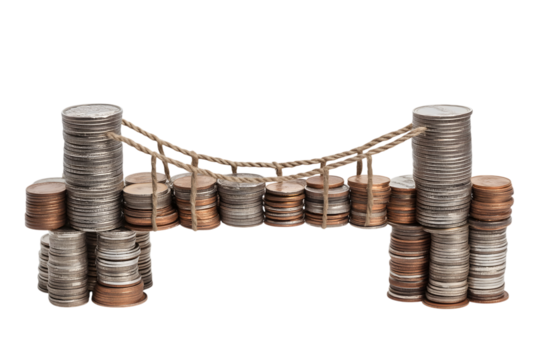 symbolic representation of financial growth and stability, with bridge made of coins isolated on white background