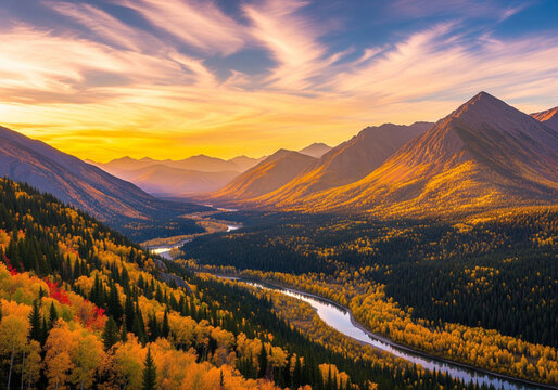 Golden light bathes majestic mountains in autumn colors as a winding river flows through the valley below, showcasing the vibrant fall foliage and dramatic landscape under a painted sky.