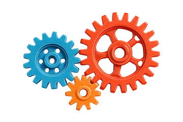 Three interlocked gears in various bright colors represent teamwork and synergy isolated on white background
