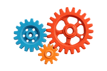 Three interlocked gears in various bright colors represent teamwork and synergy isolated on white background