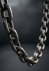 Obraz premium Macro Shot of an Industrial Metal Chain on a Dark Gray Background