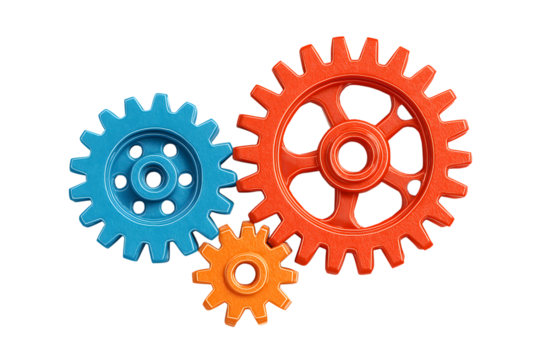 Three interlocked gears in various bright colors represent teamwork and synergy isolated on white background