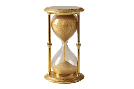  golden hourglass with sand flowing through isolated on white background