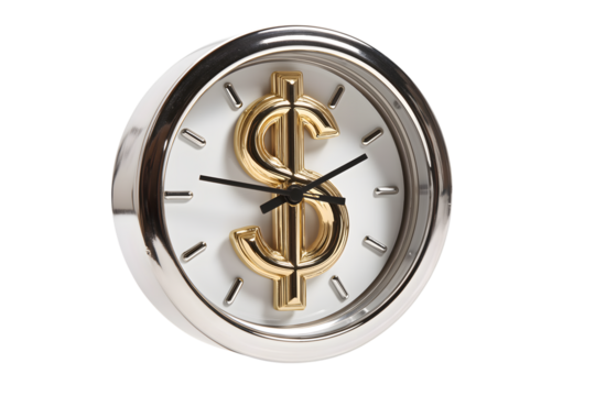 sleek clock with dollar sign on its face, concept of money and time management isolated on white background