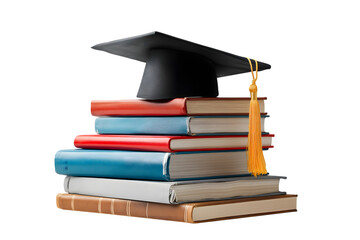 Education concept: Graduation cap rests atop  stack of books symbolizing academic achievement and the pursuit of knowledge isolated on white background