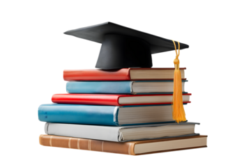 Education concept: Graduation cap rests atop  stack of books symbolizing academic achievement and the pursuit of knowledge isolated on white background