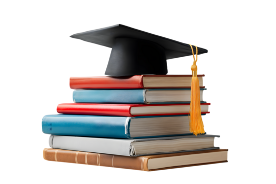 Education concept: Graduation cap rests atop  stack of books symbolizing academic achievement and the pursuit of knowledge isolated on white background