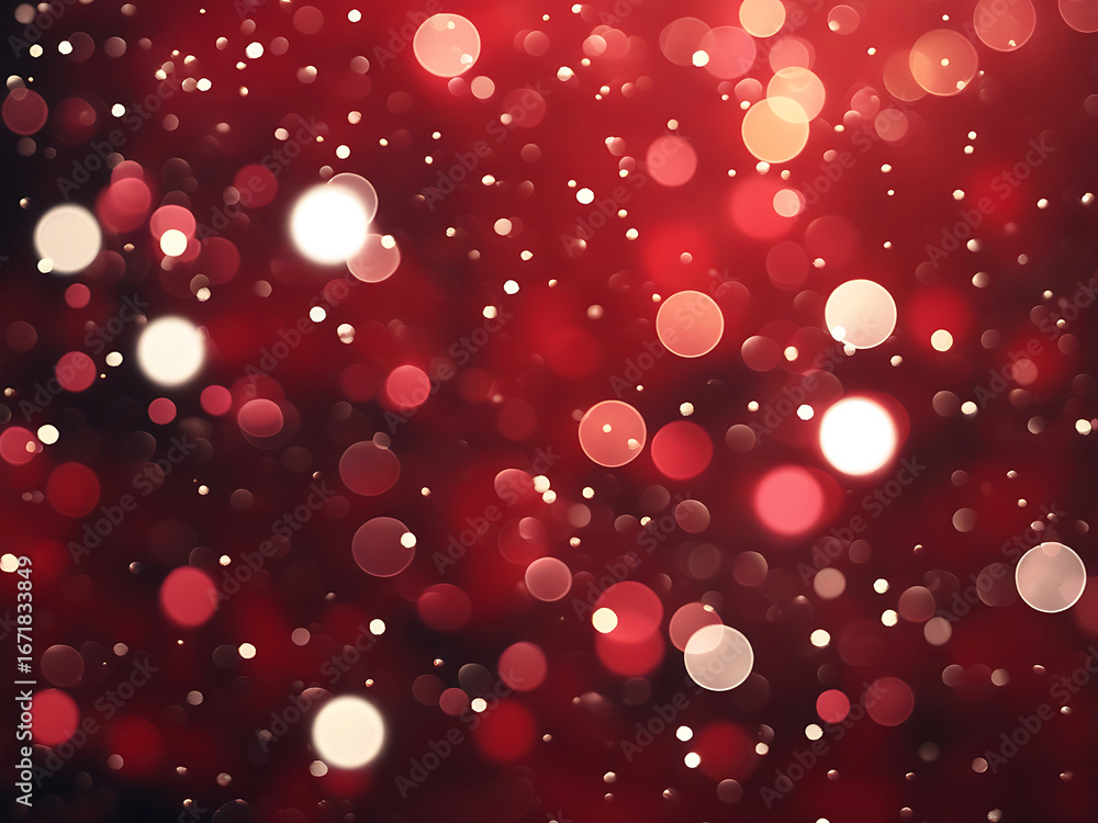Poster abstract red bokeh lights background with glittering sparkles.