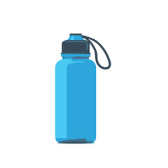 A blue water bottle with a black lid and a black string attached to the top on a white background