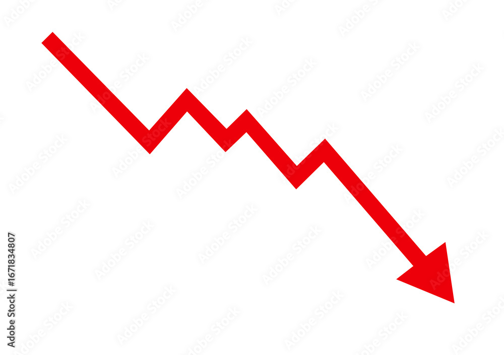 Poster red zigzag arrow pointing downwards isolated on transparent background, symbolizing decline and loss