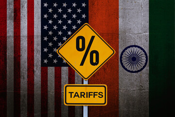 Tariffs and Sanctions between United States and India. Crisis, concept. Yellow road sign tariffs