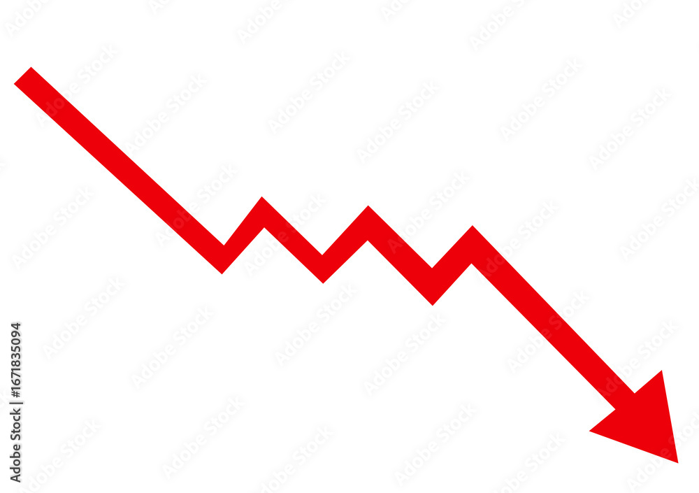 Poster red zigzag arrow pointing down, isolated on transparent background