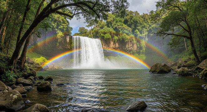 Serene Waterfall with Double Rainbow in Lush Rainforest; Tranquil Nature Scene
