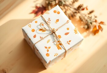 A wrapped gift box with autumn leaf patterns tied with twine, resting on a wooden surface with dried foliage.