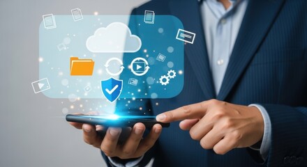 Naklejka premium A person uses a smartphone to interact with a cloudbased digital interface featuring security and data icons