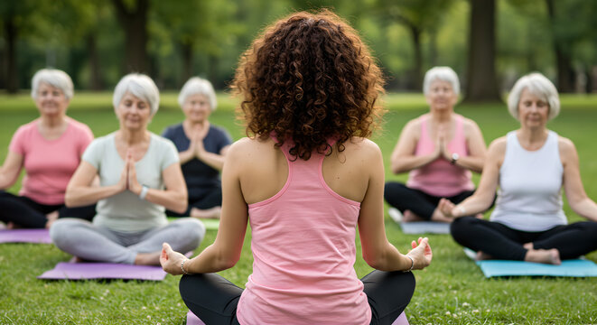 Exercise on nature of group seniors with trainer, healthy lifestyle. Walk and sport gymnastic of elderly women. Back teacher close up and people on training on blurred background - Powered by Adobe
