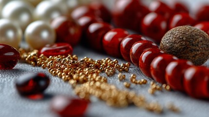 Close up of red beads pearls and spices for jewelry fashion product photography concept