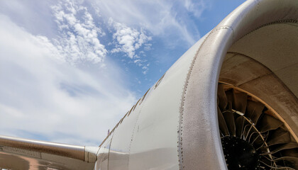 Close-up view of an airplane engine against a blue sky with scattered clouds.