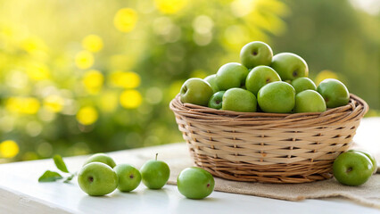 Green Jujube in wicker basket on white surface in garden in natural warm sunlight background