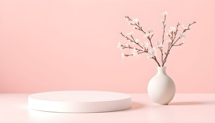 A minimalist composition featuring a white vase with delicate blossoms and a circular podium.