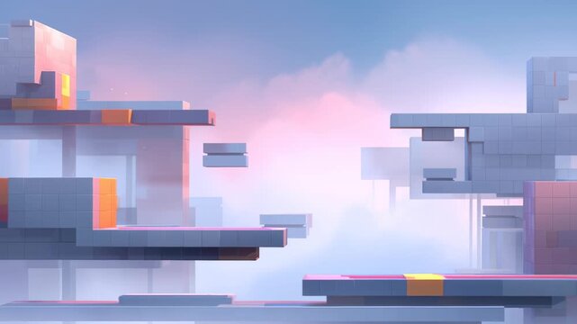 Cute abstract landscape resembling a side scrolling platformer, pastel blocks and happy shapes 