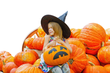 child girl als little cute witch with pumpkin, isolated on free png background.