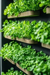 Green plants grow. Indoor agriculture. Small leaves sprouting in planters. Vertical farm. Fresh vegetable cultivation. Home garden. Growing plants indoors. Urban farming.