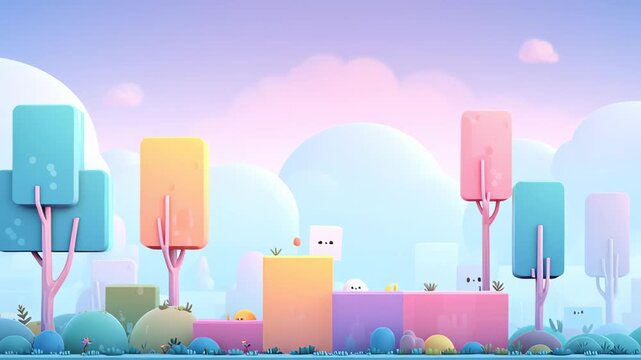 Cute abstract landscape resembling a side scrolling platformer, pastel blocks and happy shapes 