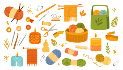 Collection of Cozy Craft Supplies with Yarn Knitting Needles Crochet Hook Scissors Thread Candles and Creative DIY Tools