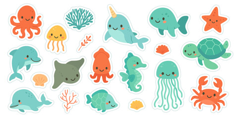 Cute Sea Creature Stickers Octopus Turtle Narwhal Dolphin Stingray Jellyfish Seahorse and Coral Reef Vector Art for Kids and Ocean Designs