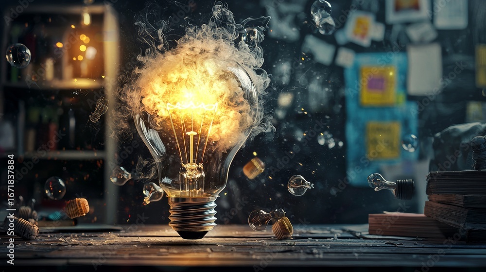 Poster exploding light bulb with sparks in dark studio background for innovation and creative photography c
