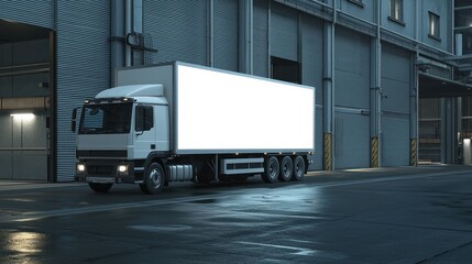 White Delivery Truck with Blank Billboard Parked in Front of a Building