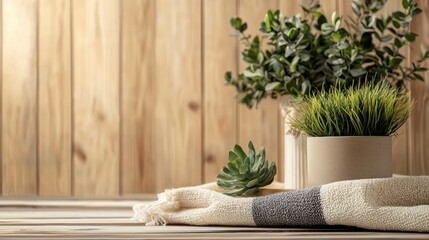 Indoor plants with rolled towels on wooden table for home spa wellness photography concept