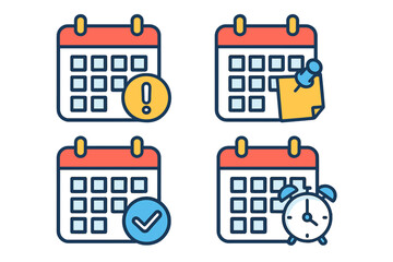 Calendar icon set for business planning and time management. Reminder, event schedule, appointment deadline, and notification alert vector icons. Organizer for agenda plans.