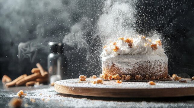Cake with cream and nuts dusted in powder for dessert food photography concept