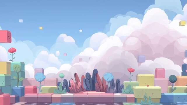 Cute abstract landscape resembling a side scrolling platformer, pastel blocks and happy shapes 
