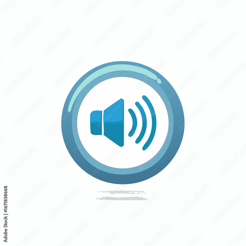 Poster glossy blue volume icon with sound waves in a circular button for digital media interface