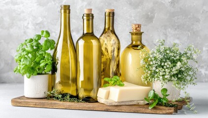Group of glass bottles and cheese on a rustic wooden board.