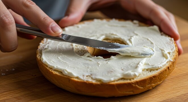 Close-up of hands spreading cream cheese on a sliced bagel with a knife on a wooden cutting board.