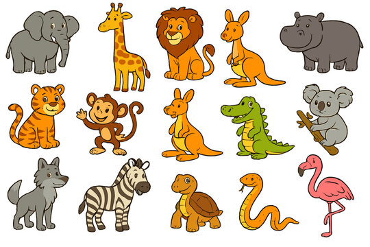 Naklejki Cute cartoon zoo animals set. Big collection of funny wildlife characters. Jungle and safari animals like lion, tiger, elephant, giraffe, monkey, zebra for kids design. Vector illustration.