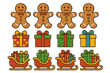 Christmas icon set with gingerbread man, gifts and sleigh. Holiday decoration elements. Winter festive collection. Xmas cartoon vector illustration. New Year celebration symbols.