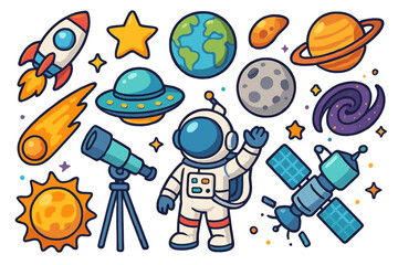 Space icon set. Vector cartoon astronaut, rocket, planet, UFO, sun, moon, satellite, telescope. Cute astronomy sticker pack for kids. Cosmic exploration graphic elements collection.