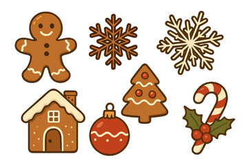 Set of Christmas gingerbread cookies. Winter holiday icons collection with gingerbread man, house, tree, snowflakes, candy cane, and bauble. Festive vector cartoon illustration.