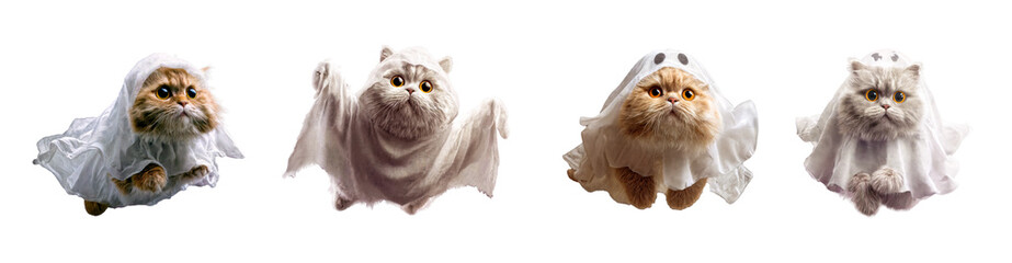 Set of Four Cute Furry Cats in White Ghost Costumes Floating on Transparent Background for Halloween Designs and Seasonal Projects