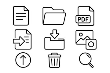 File management vector line icon set. Document, folder, PDF, media file symbols. UI UX graphic elements for web and app design. Download, upload, search, and delete icons.