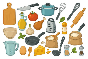Kitchen tools and food ingredients vector set. Cooking utensils and equipment collection for gastronomy, recipe or menu design. Cartoon icons of pan, knife, flour, oil, egg.