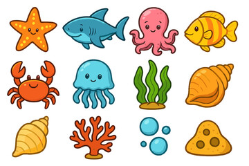 Naklejka premium Cute sea animal cartoon icon collection. Vector set of marine life characters. Ocean fish, shark, crab, octopus, jellyfish, starfish. Underwater elements for kids design.